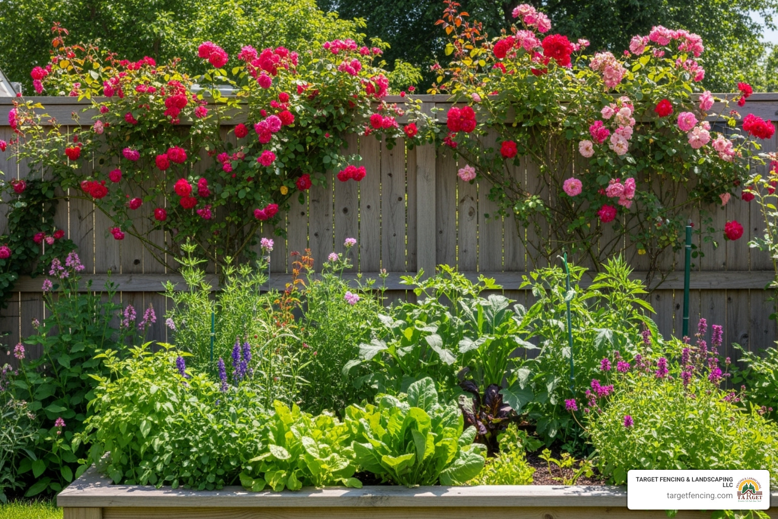 fence with climbing roses and a raised garden bed - backyard fence ideas