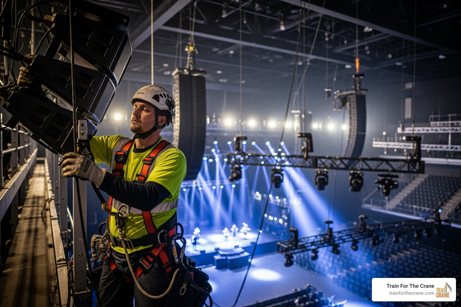 Rigger working in the entertainment industry setting up stage equipment - certified rigger Rigger working in the entertainment industry setting up stage equipment - certified rigger