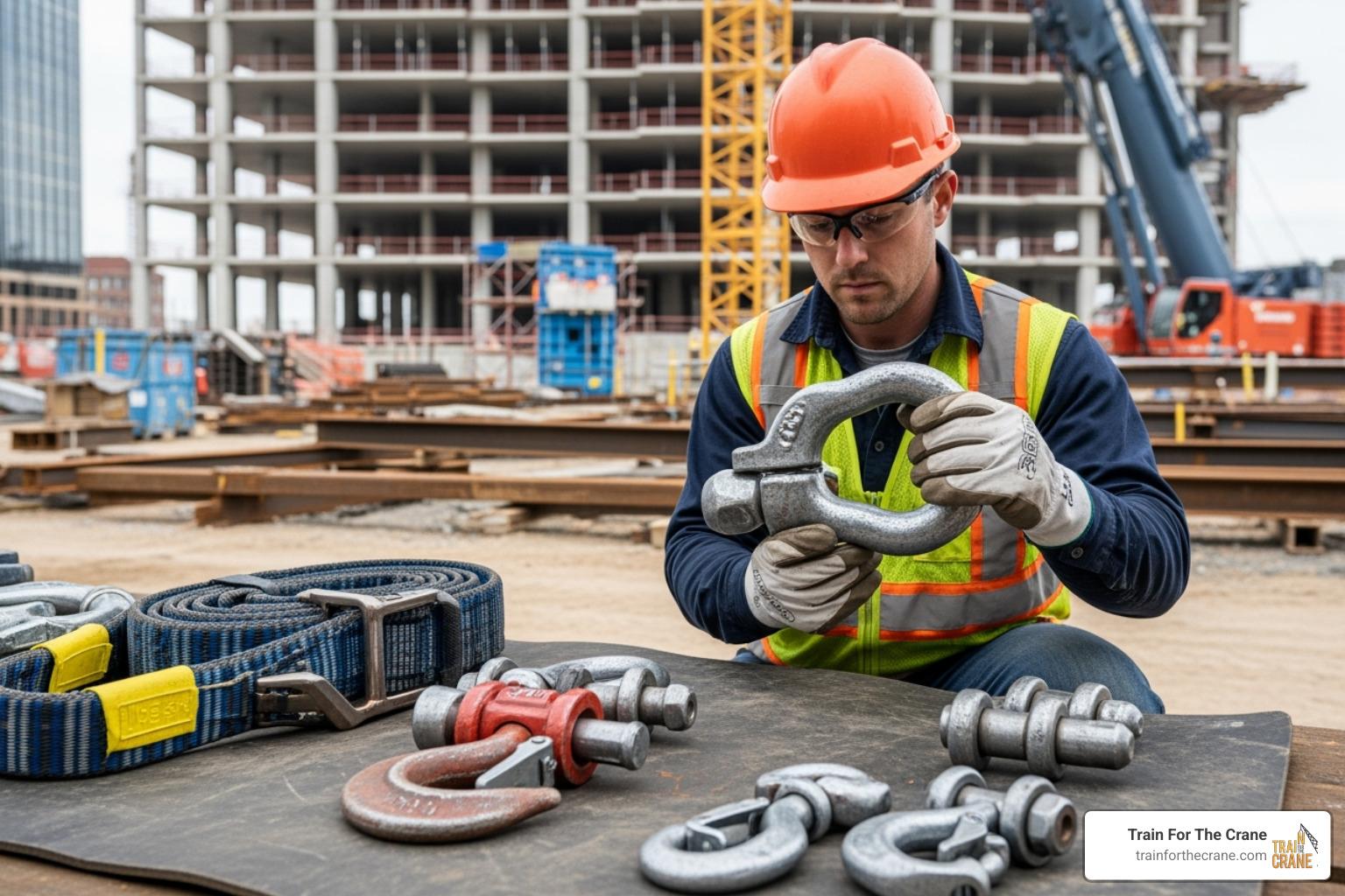 Rigger inspecting rigging hardware before a lift - certified rigger Rigger inspecting rigging hardware before a lift - certified rigger