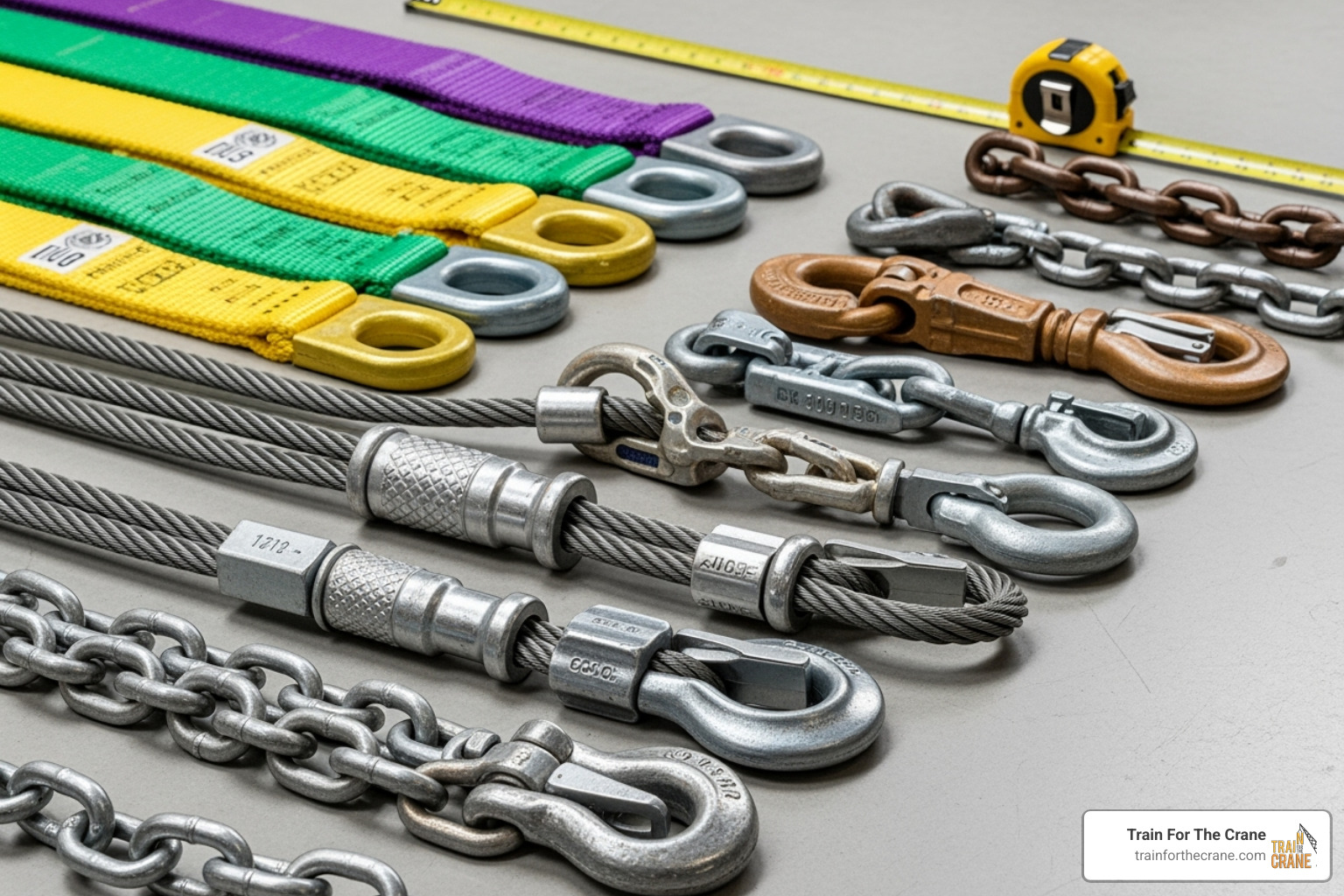 Various types of rigging slings (synthetic, wire rope, chain) - certified rigger Various types of rigging slings (synthetic, wire rope, chain) - certified rigger