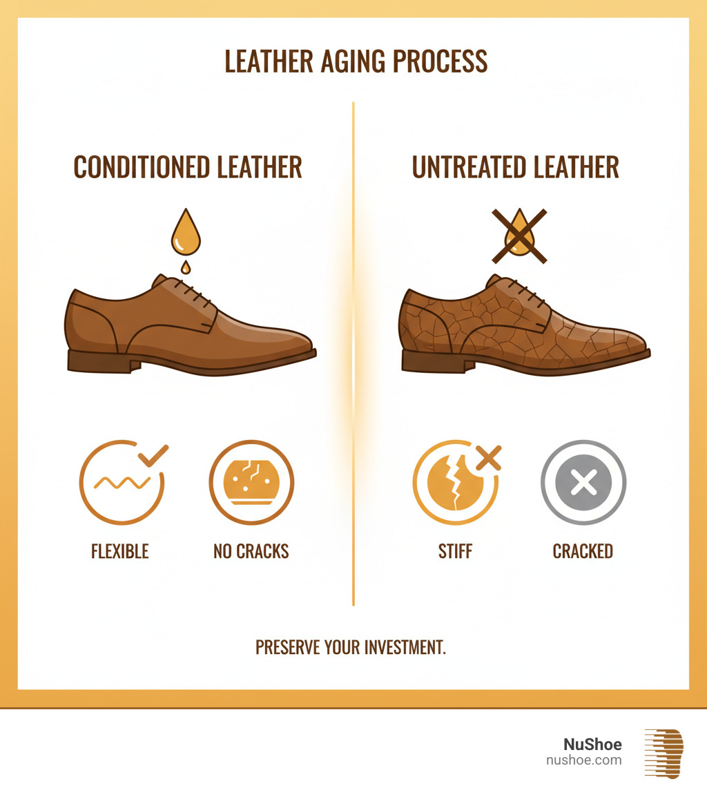 Infographic showing leather aging process with regular conditioning preventing cracks and maintaining flexibility versus untreated leather becoming dry, stiff and cracked over time - leather conditioning service infographic 