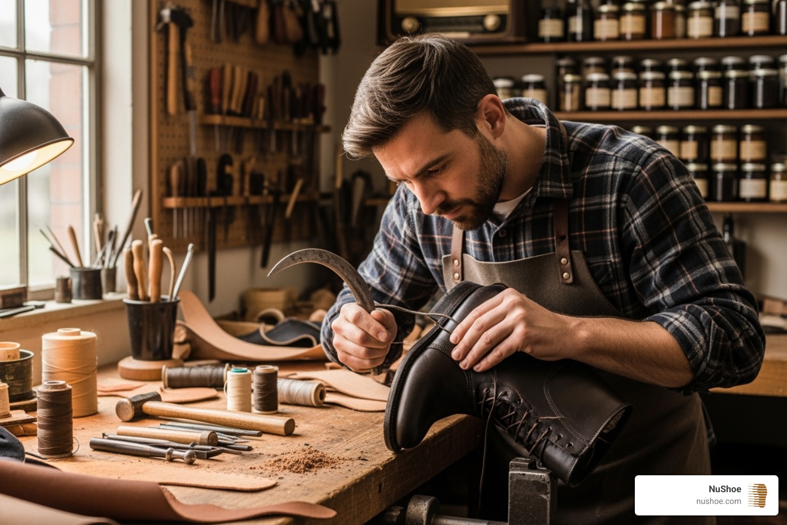 of a craftsman carefully working on a pair of leather boots in a workshop - leather conditioning service