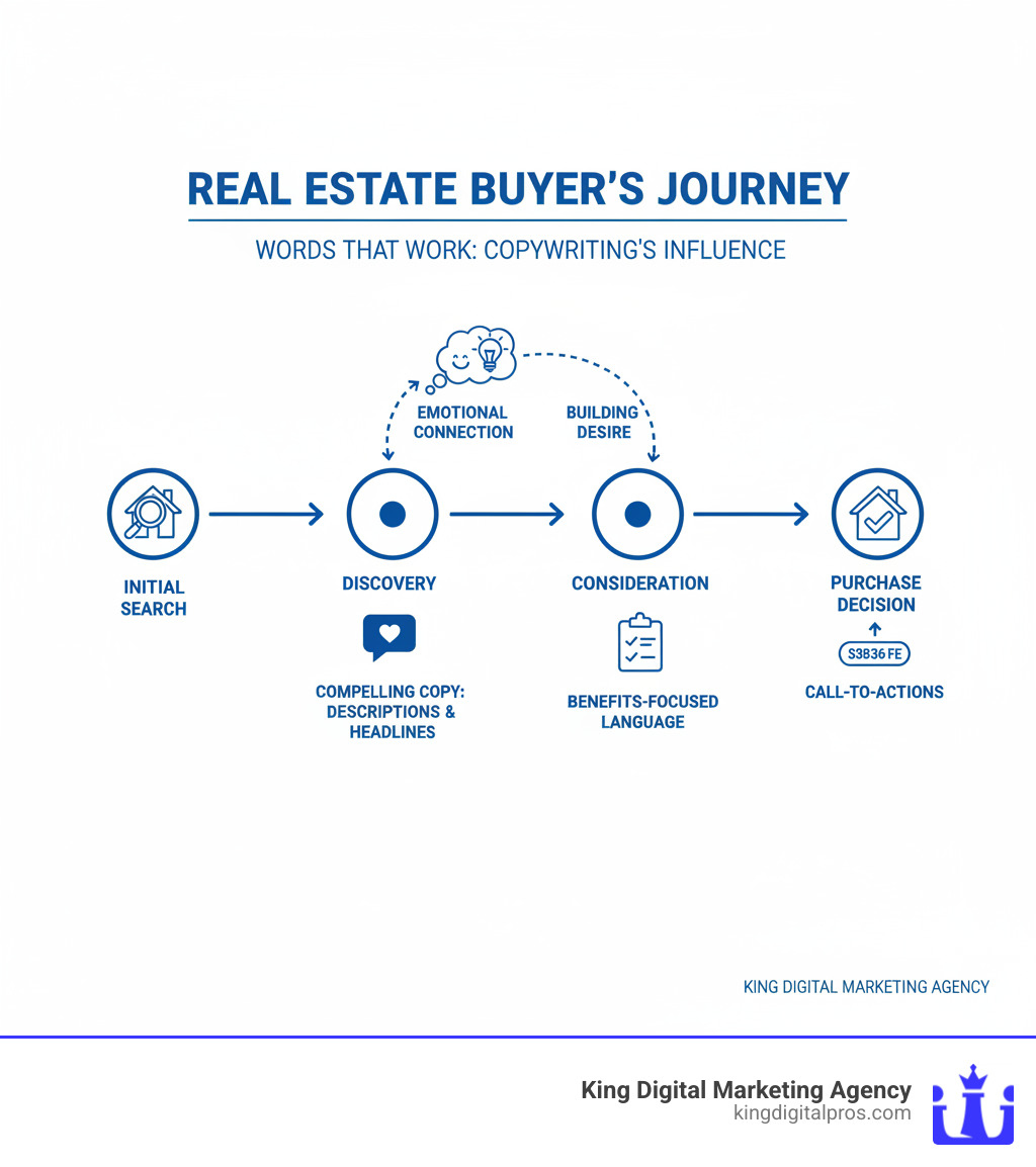 Infographic showing the buyer journey from initial property search through emotional connection via compelling copy to final purchase decision, highlighting key touchpoints where effective real estate copywriting influences buyer behavior - real estate copywriting infographic 