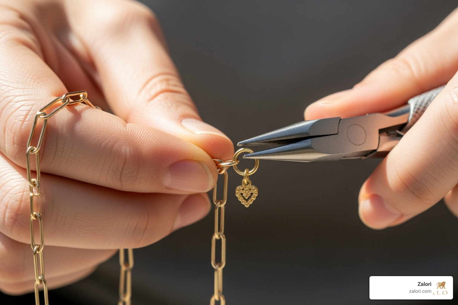 A close-up image of a person's hands gently opening a jump ring with needle-nose pliers to attach a small, delicate gold charm onto a classic paperclip chain necklace - gold charm for necklace