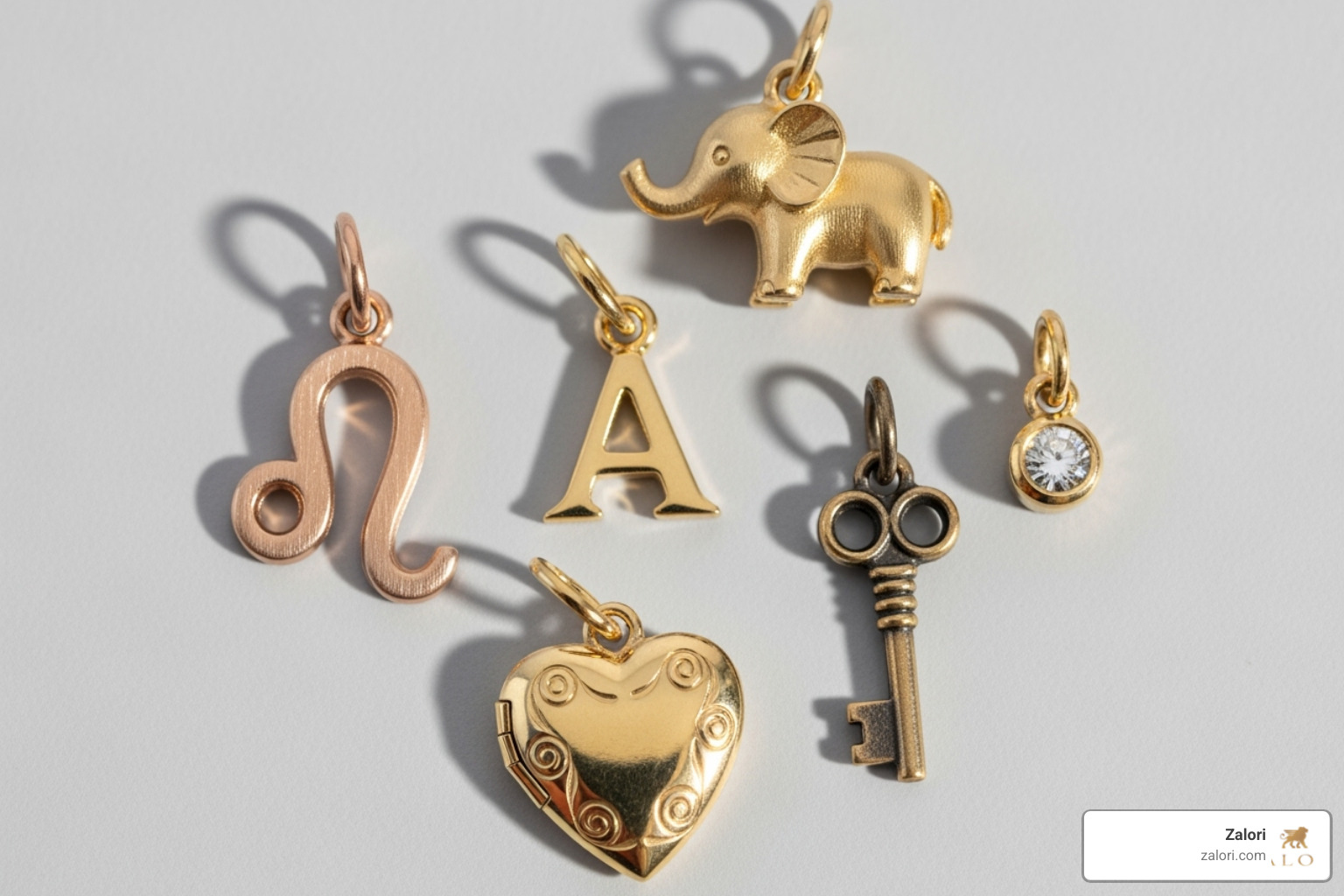 A flat-lay image showcasing a diverse collection of gold charms, including a delicate initial 'A', a detailed zodiac sign (Leo), a small heart-shaped locket, a tiny key, a sparkling birthstone, and a miniature animal figure, all crafted in various gold hues - gold charm for necklace