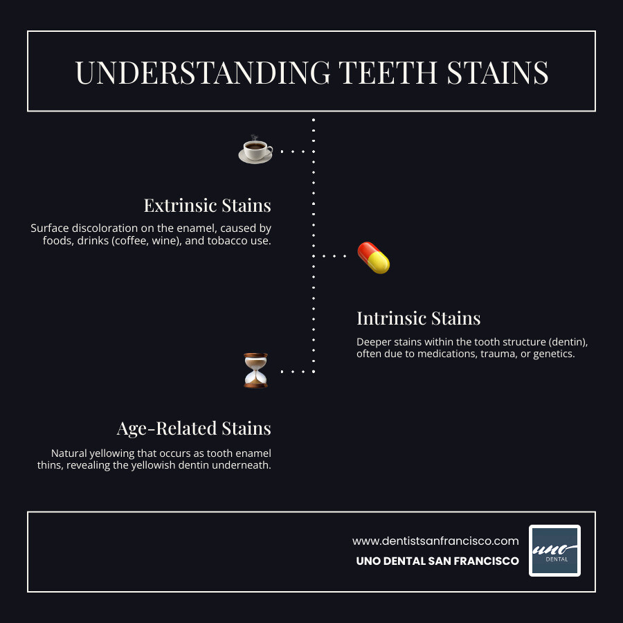 Comprehensive infographic showing the three types of teeth stains: extrinsic stains on tooth surface from coffee and wine, intrinsic stains within tooth structure from medications and trauma, and age-related stains from enamel thinning, with corresponding treatment options ranging from whitening toothpaste to professional bleaching to cosmetic veneers - how to clean stained teeth infographic infographic-line-3-steps-dark Comprehensive infographic showing the three types of teeth stains: extrinsic stains on tooth surface from coffee and wine, intrinsic stains within tooth structure from medications and trauma, and age-related stains from enamel thinning, with corresponding treatment options ranging from whitening toothpaste to professional bleaching to cosmetic veneers - how to clean stained teeth infographic infographic-line-3-steps-dark
