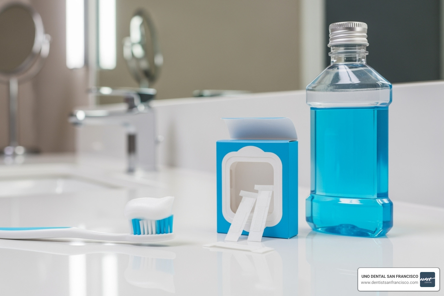 Toothbrush with whitening toothpaste, a box of whitening strips, and a mouthwash bottle - how to clean stained teeth Toothbrush with whitening toothpaste, a box of whitening strips, and a mouthwash bottle - how to clean stained teeth
