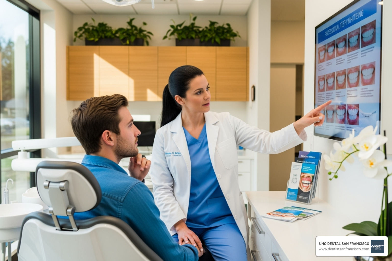 Dentist consulting with a patient about professional teeth whitening options - how to clean stained teeth Dentist consulting with a patient about professional teeth whitening options - how to clean stained teeth