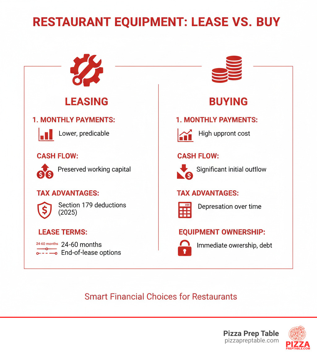 Comprehensive comparison infographic showing restaurant equipment leasing vs buying, including monthly payment structures, cash flow benefits, tax advantages like Section 179 deductions, and typical lease terms from 24-60 months with end-of-lease options - restaurant equipment leasing companies infographic 