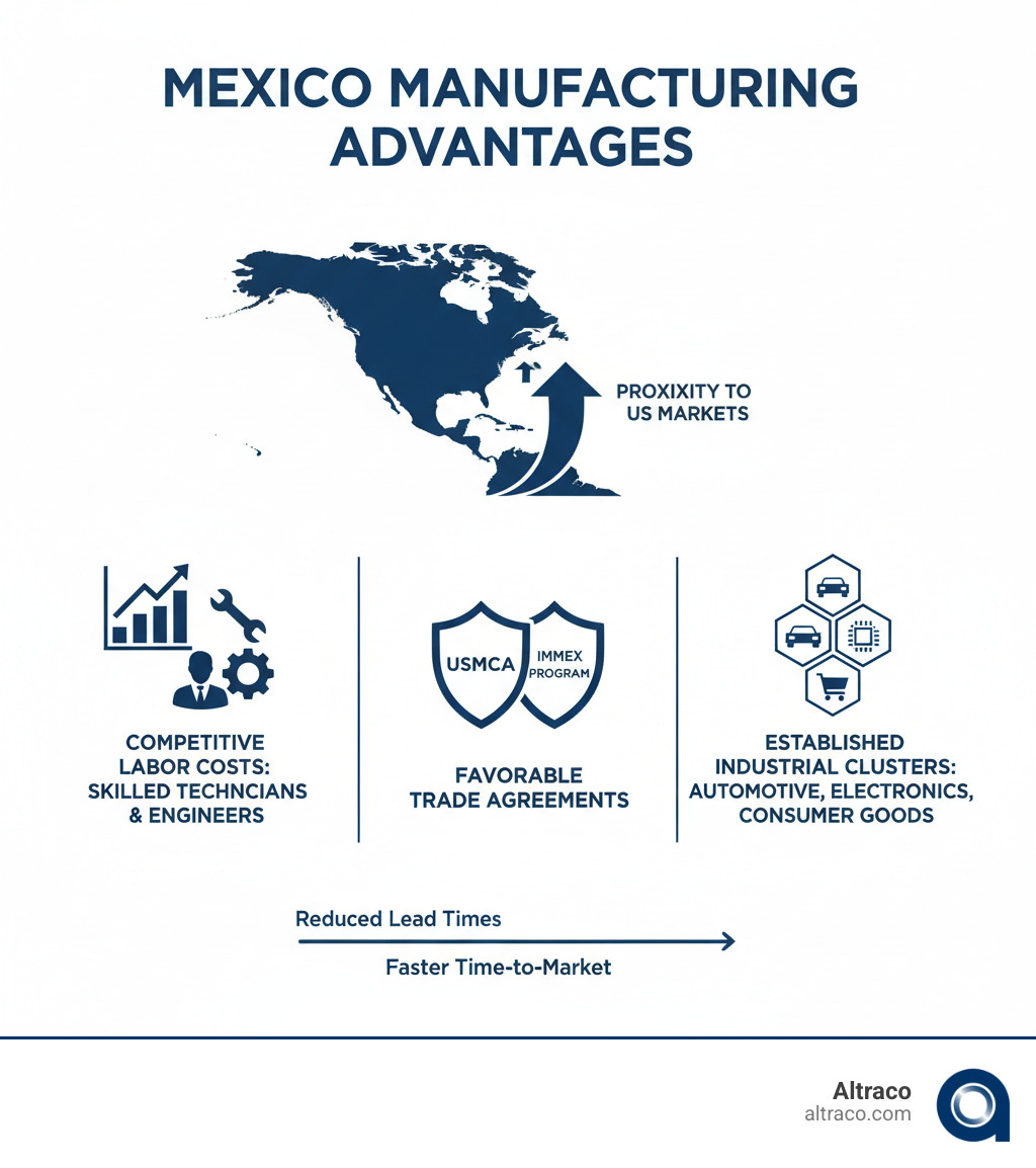 Comprehensive breakdown of Mexico manufacturing advantages including proximity to US markets, competitive labor costs ranging from skilled technicians to engineers, favorable trade agreements like USMCA and IMMEX program benefits, and established industrial clusters in automotive, electronics, and consumer goods sectors - mexico manufacturing infographic 