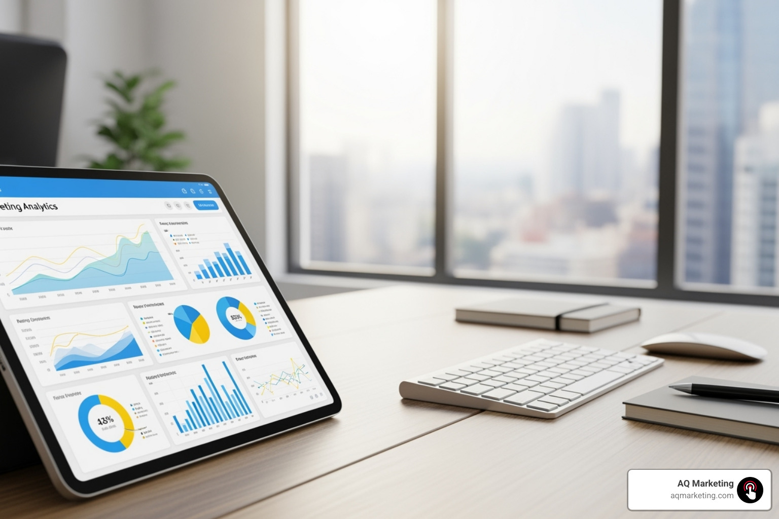 A marketing analytics dashboard displayed on a tablet, showing various performance metrics - Digital marketing Essex A marketing analytics dashboard displayed on a tablet, showing various performance metrics - Digital marketing Essex