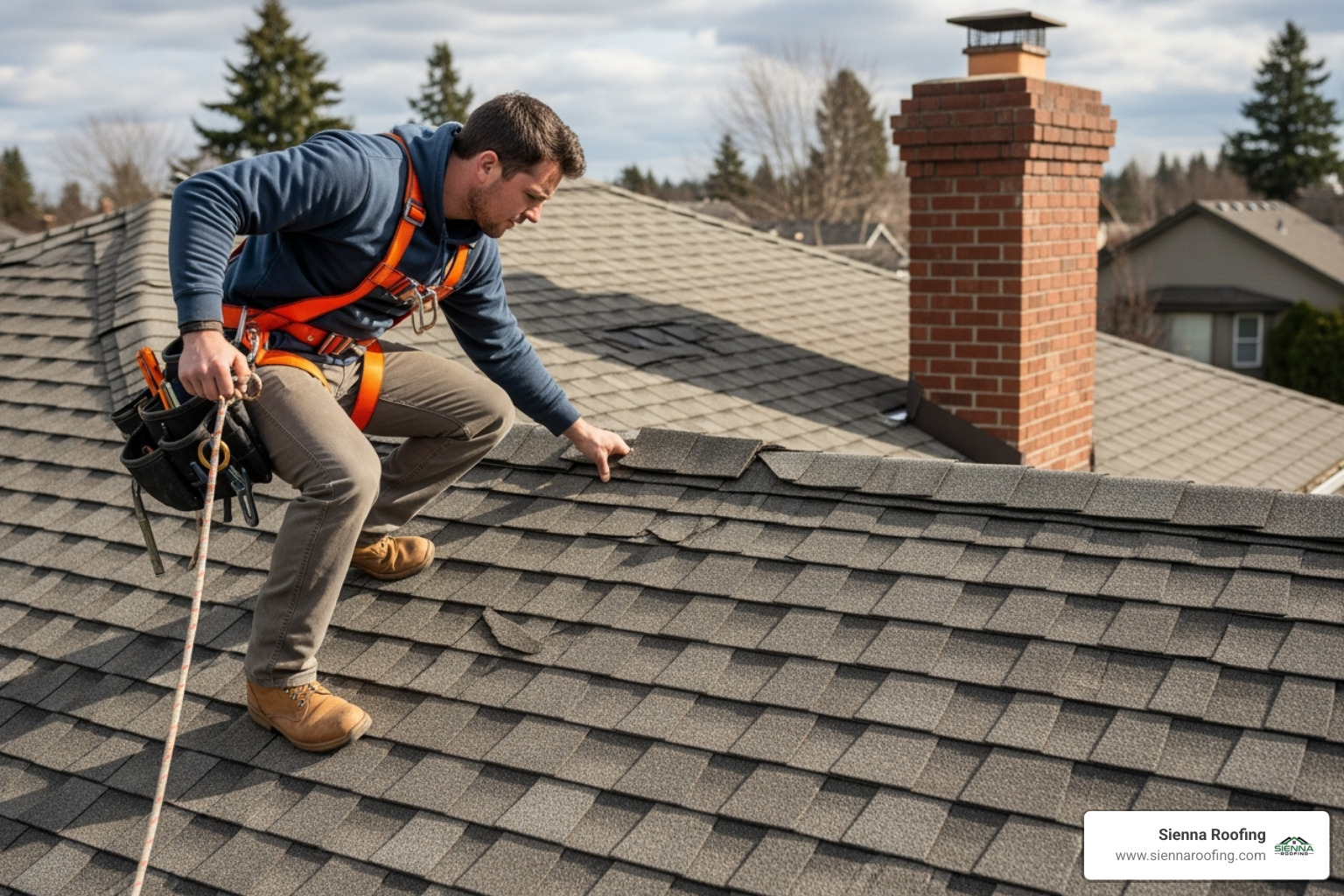 a qualified roofer inspecting a damaged shingle on a residential roof, wearing an OSHA-approved safety harness - residential shingle roof a qualified roofer inspecting a damaged shingle on a residential roof, wearing an OSHA-approved safety harness - residential shingle roof
