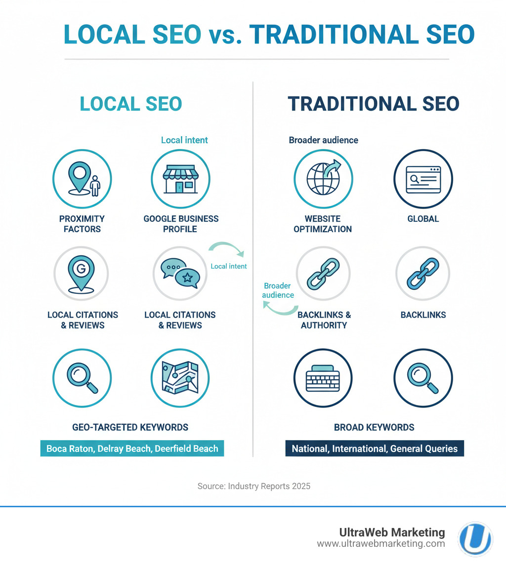 Infographic showing the key differences between Local SEO and Traditional SEO, including proximity factors, Google Business Profile optimization, local citations, review management, and geo-targeted keywords specific to Boca Raton, Delray Beach, and Deerfield Beach markets - local seo marketing companies infographic Infographic showing the key differences between Local SEO and Traditional SEO, including proximity factors, Google Business Profile optimization, local citations, review management, and geo-targeted keywords specific to Boca Raton, Delray Beach, and Deerfield Beach markets - local seo marketing companies infographic