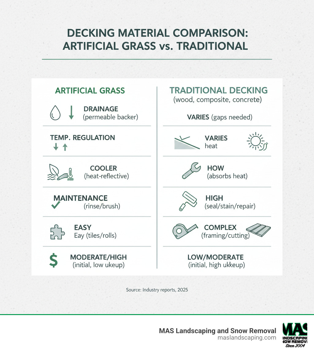 Comprehensive comparison chart showing artificial grass benefits for decks including drainage properties, temperature regulation, maintenance requirements, installation methods, and cost considerations versus traditional decking materials - Fake grass for decks infographic 