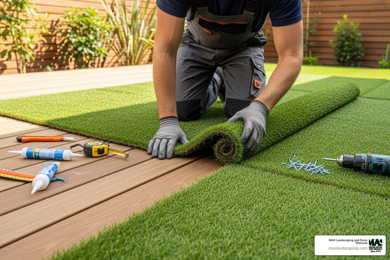 professional installing artificial grass on a wooden deck - Fake grass for decks