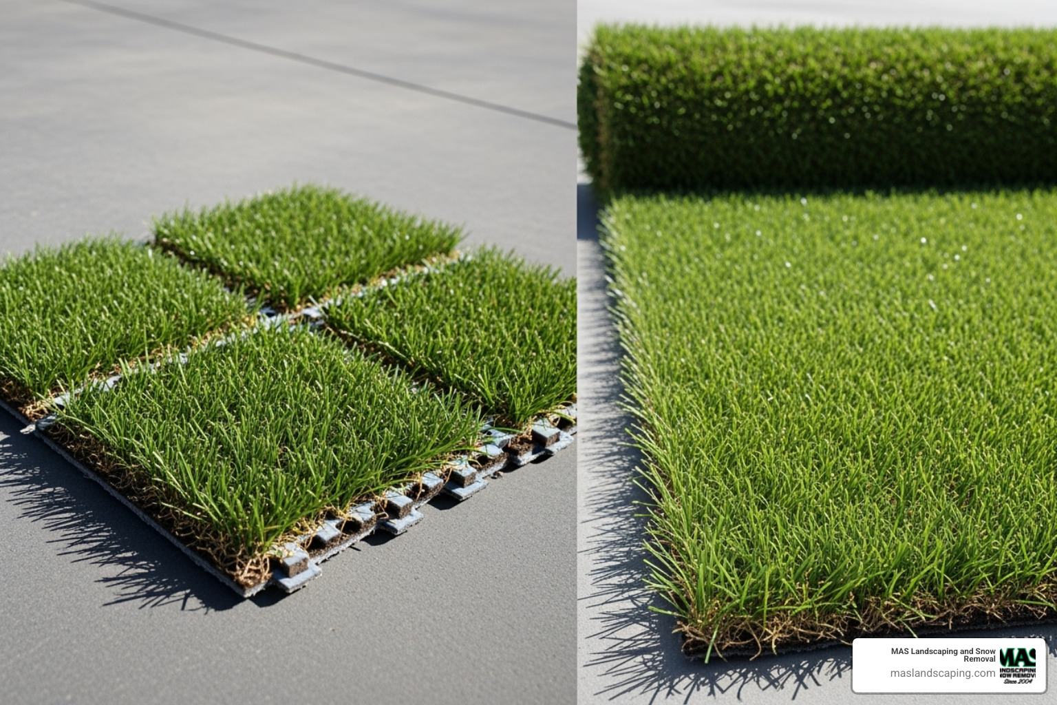 side-by-side comparison of interlocking artificial grass tiles and a seamless roll of turf - Fake grass for decks