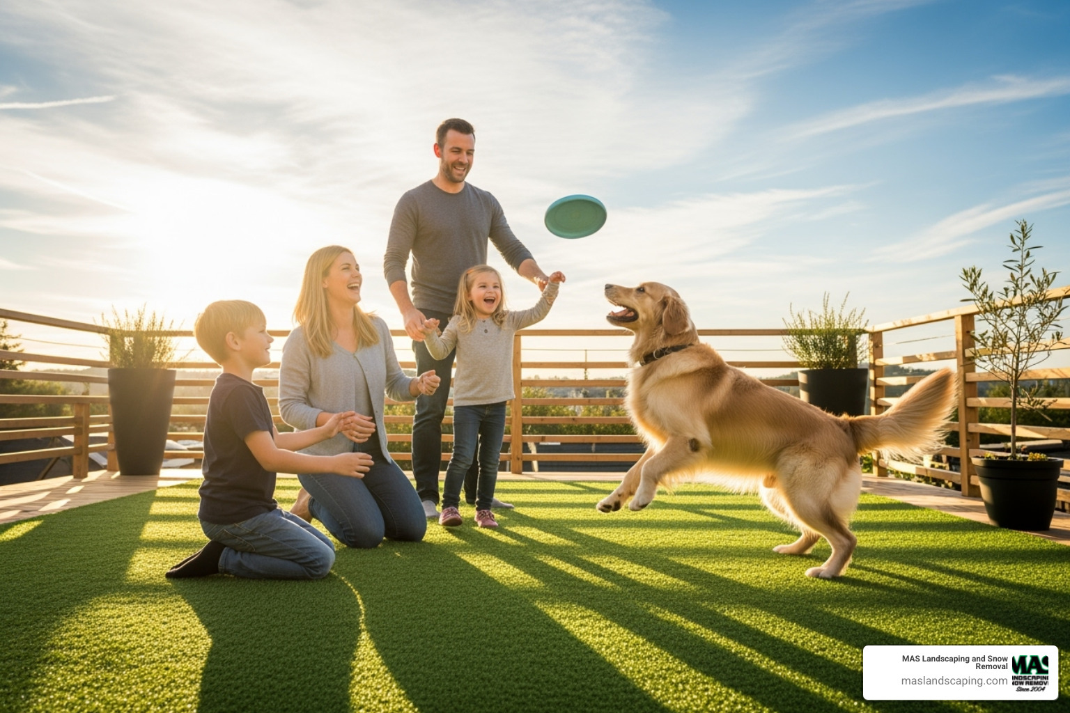 family with children and a pet playing on a turf-covered deck - Fake grass for decks