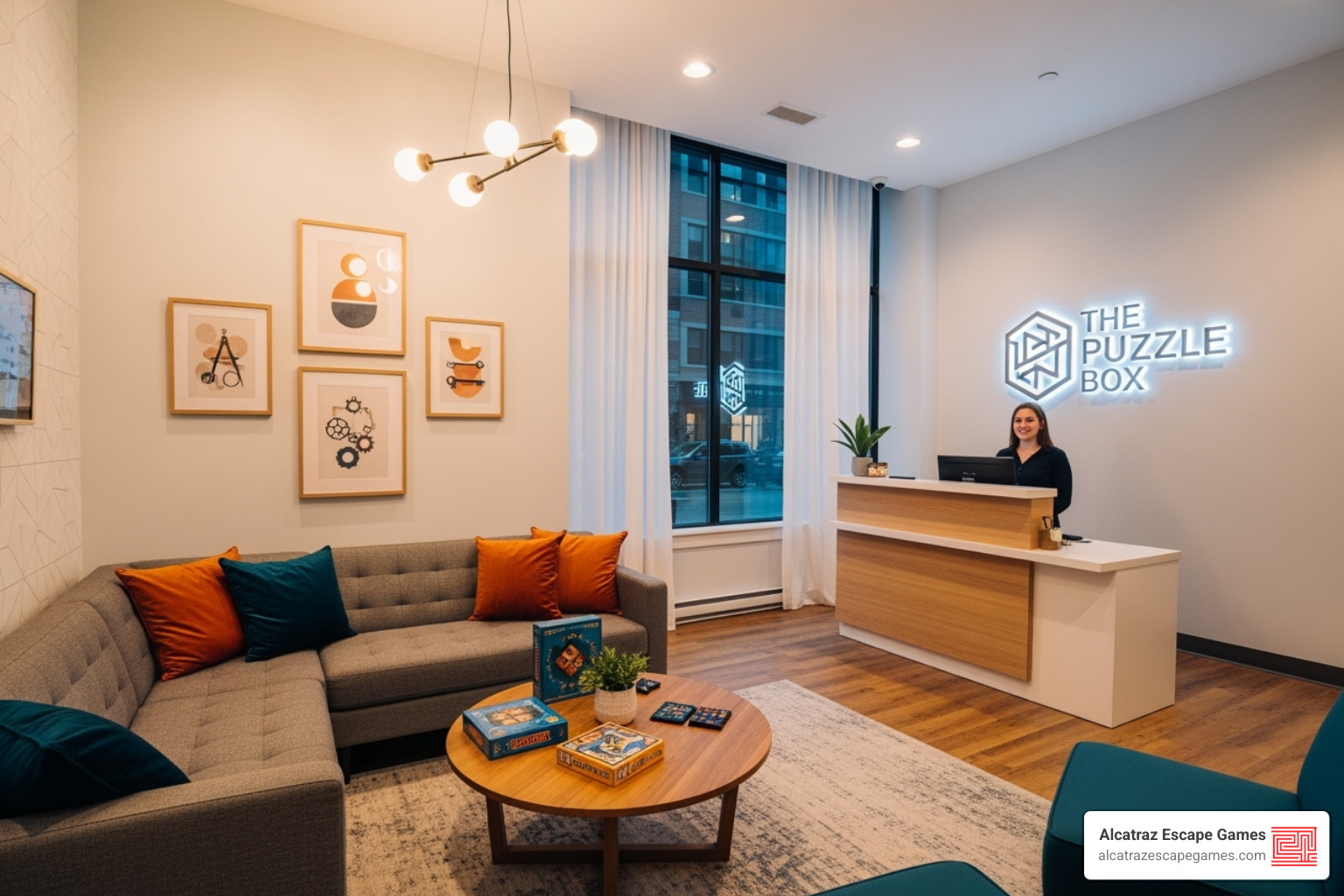 clean and modern lobby area of an escape room - red door escape room riverton reviews