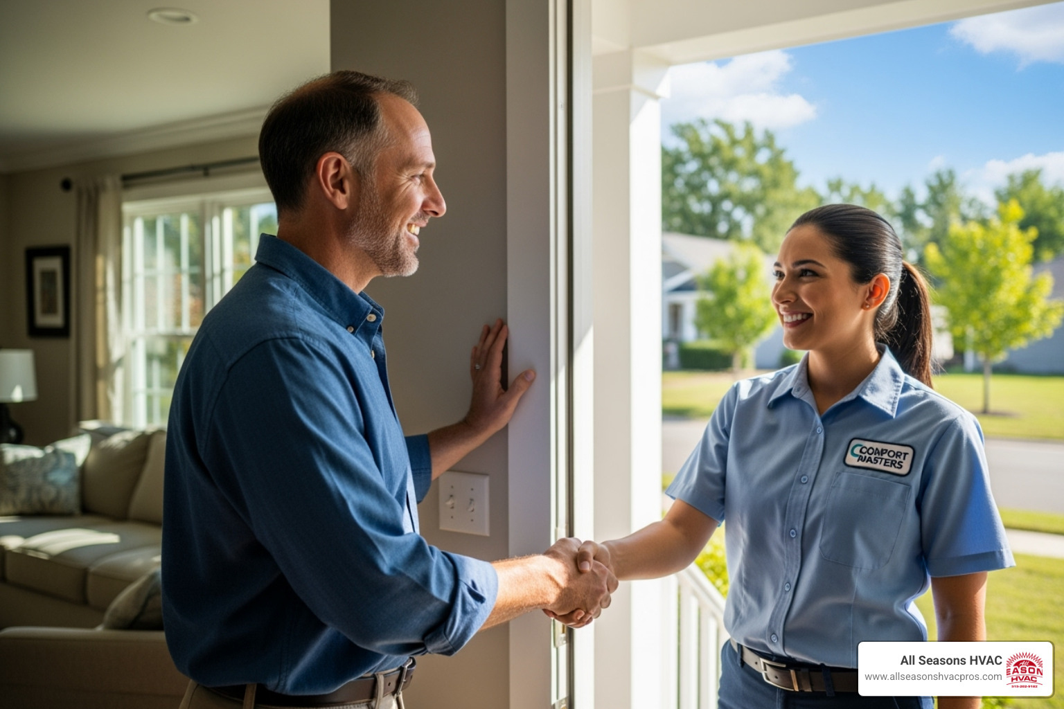 A happy customer shaking hands with a friendly technician - ac repair johnston ia A happy customer shaking hands with a friendly technician - ac repair johnston ia