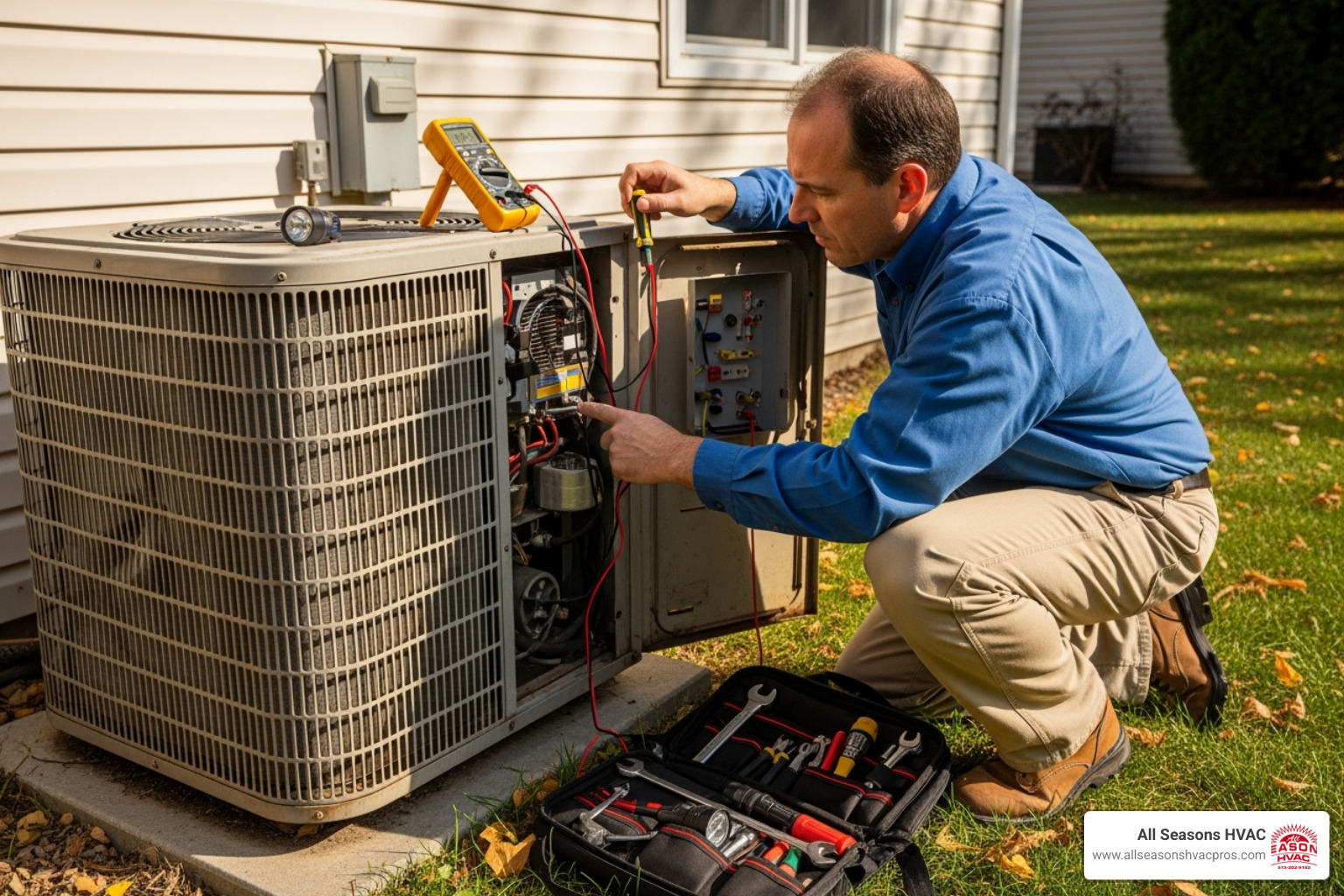 A technician inspecting an older outdoor AC unit - ac repair johnston ia A technician inspecting an older outdoor AC unit - ac repair johnston ia