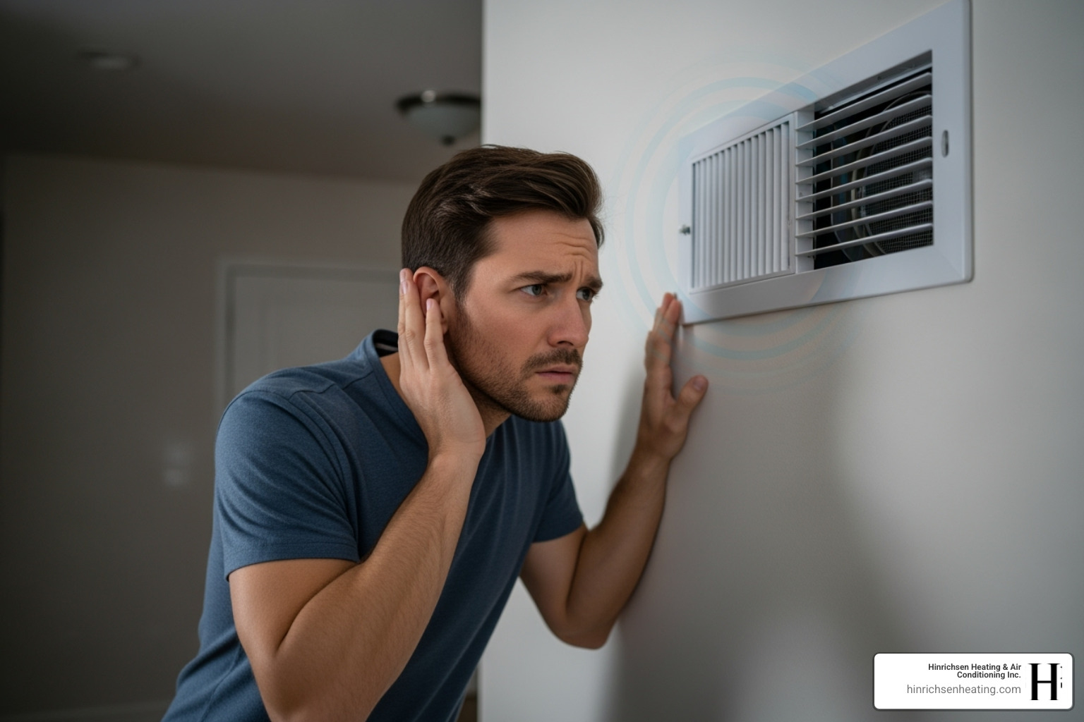 Homeowner looking concerned at a noisy air vent - hvac maintenance plan peoria il Homeowner looking concerned at a noisy air vent - hvac maintenance plan peoria il