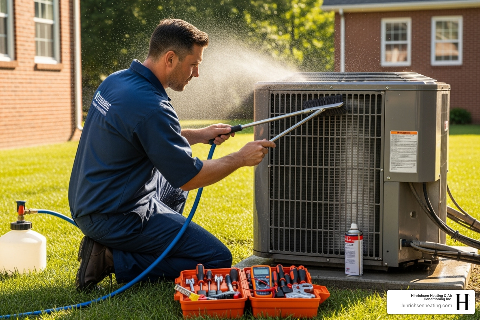HVAC technician cleaning an outdoor air conditioner unit - hvac maintenance plan peoria il HVAC technician cleaning an outdoor air conditioner unit - hvac maintenance plan peoria il