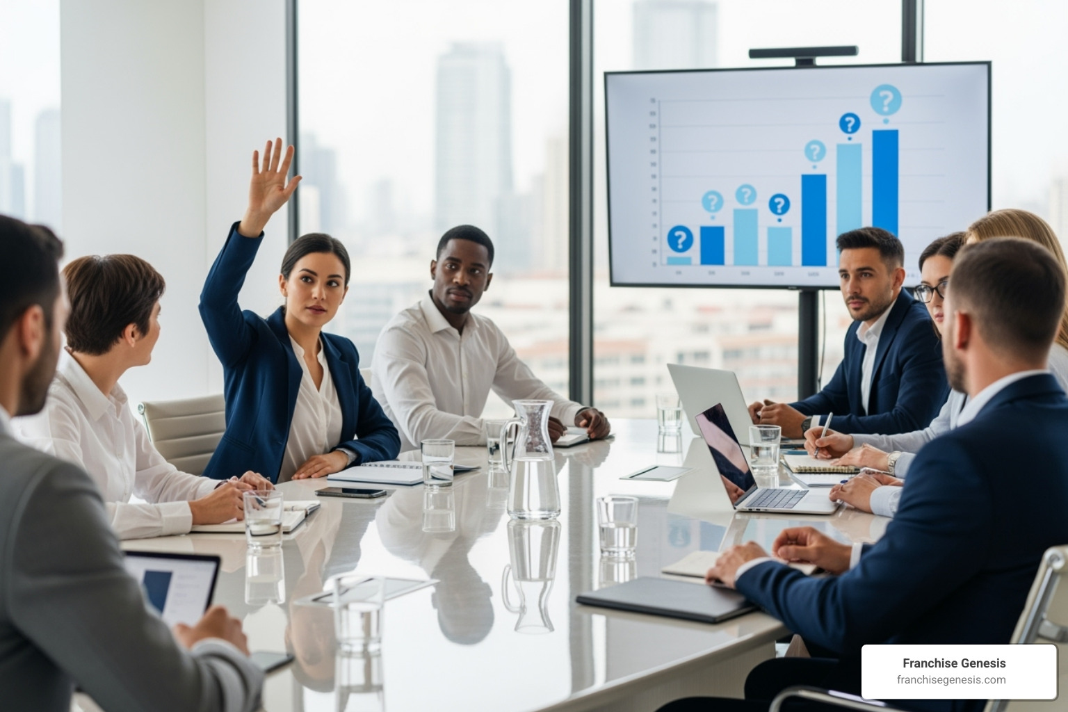 A diverse group of business professionals in a meeting, with one person raising their hand to ask a question, symbolizing common FAQs in a franchise consulting context - Best franchise consultants A diverse group of business professionals in a meeting, with one person raising their hand to ask a question, symbolizing common FAQs in a franchise consulting context - Best franchise consultants