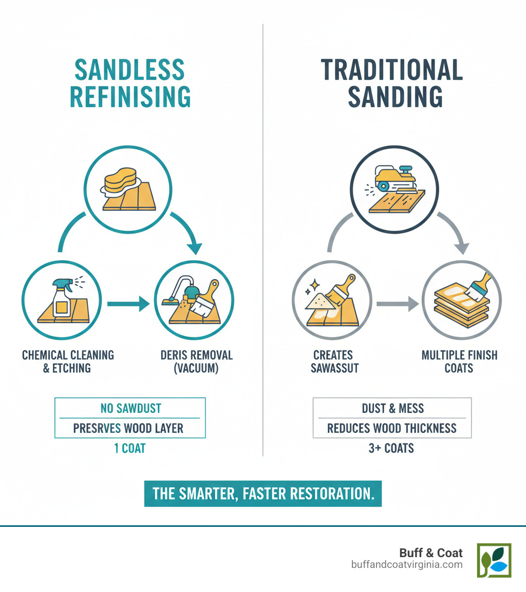 Infographic showing sandless refinishing process: chemical cleaning and etching of existing finish, debris removal via vacuum, application of new protective topcoat versus traditional sanding which removes actual wood layer, creates sawdust, and requires multiple finish coats - sandless infographic Infographic showing sandless refinishing process: chemical cleaning and etching of existing finish, debris removal via vacuum, application of new protective topcoat versus traditional sanding which removes actual wood layer, creates sawdust, and requires multiple finish coats - sandless infographic