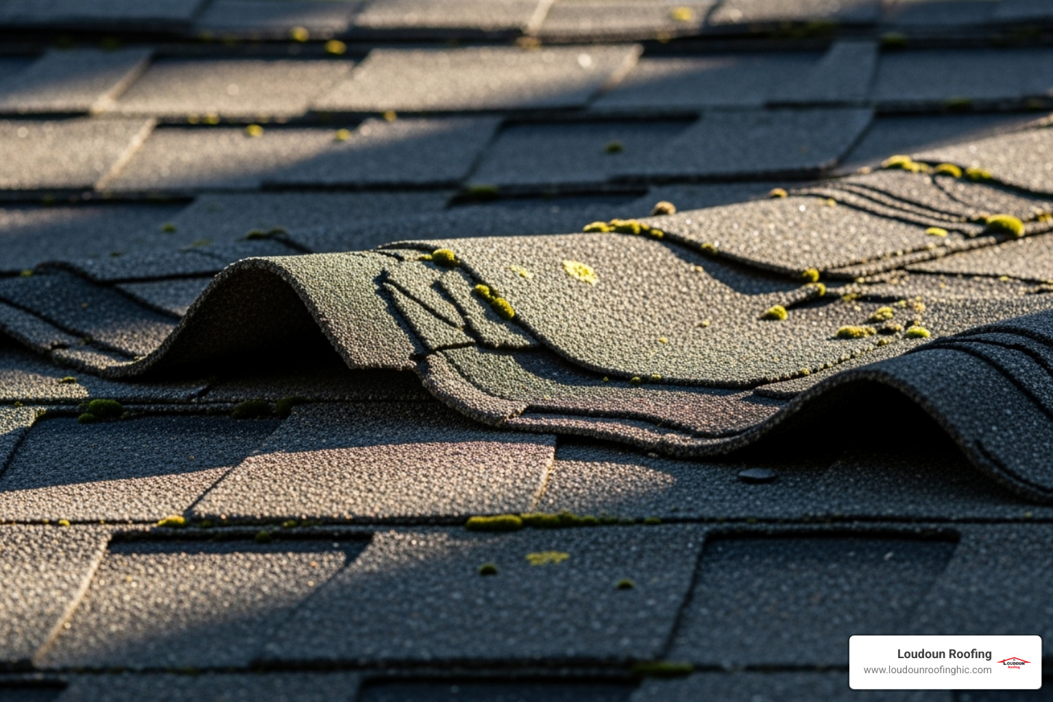 image of curling or cracked asphalt shingles - roof repair leesburg