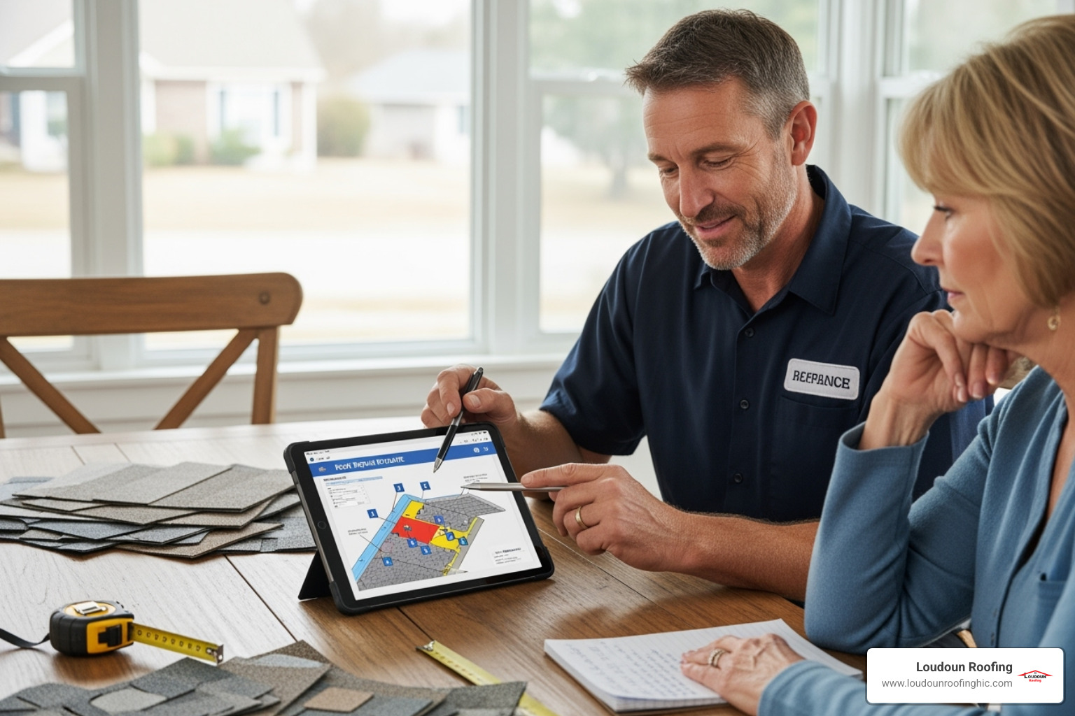 roofer providing a detailed estimate to a homeowner - roof repair leesburg