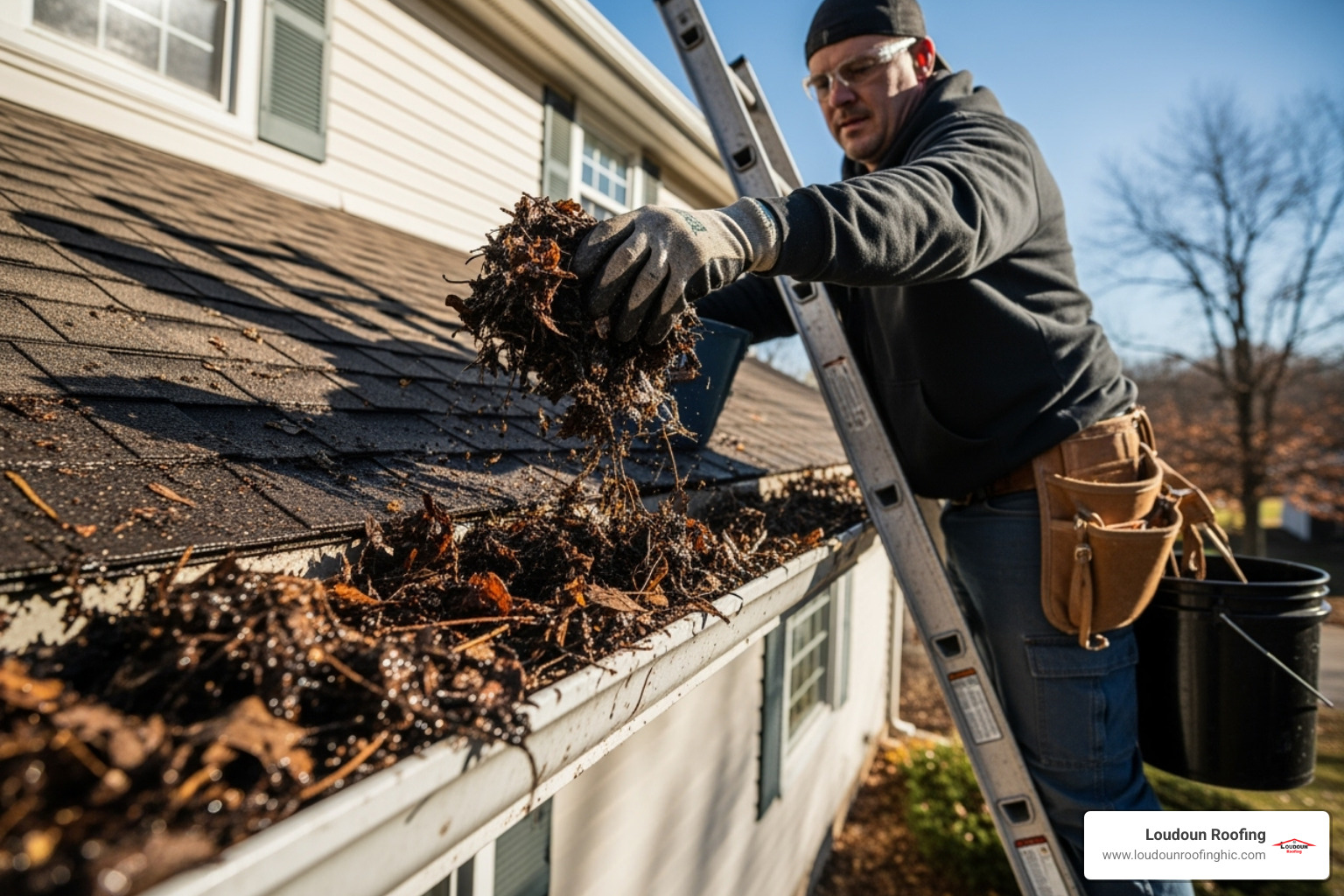 roofer cleaning out a gutter system - roof repair leesburg