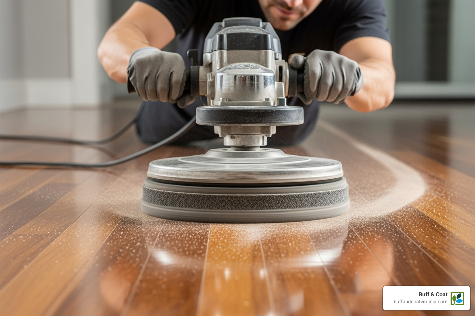 technician using a floor buffer machine with an abrasive pad on a hardwood floor - sandless technician using a floor buffer machine with an abrasive pad on a hardwood floor - sandless