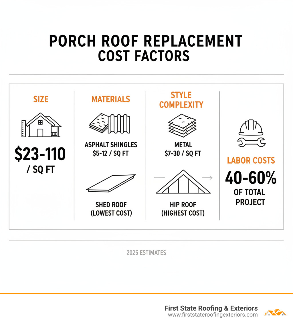 Infographic showing porch roof replacement cost factors: Size ($23-110 per sq ft), Materials (asphalt shingles $5-12 per sq ft, metal $7-30 per sq ft, slate $20-35+ per sq ft), Style complexity (shed roof lowest cost, hip roof highest cost), and Labor costs (40-60% of total project) - porch roof replacement cost infographic 