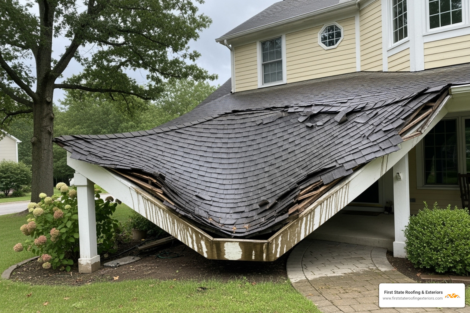 Sagging porch roof indicating need for replacement - porch roof replacement cost