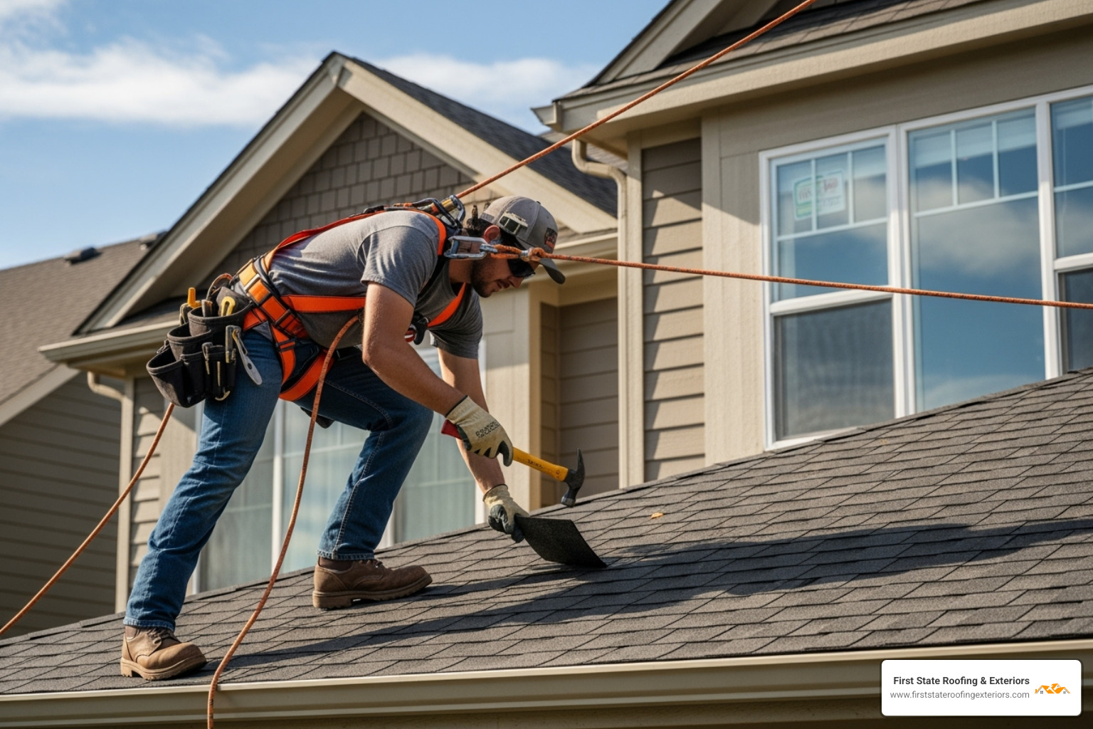 Roofer wearing safety harness on a porch roof - porch roof replacement cost
