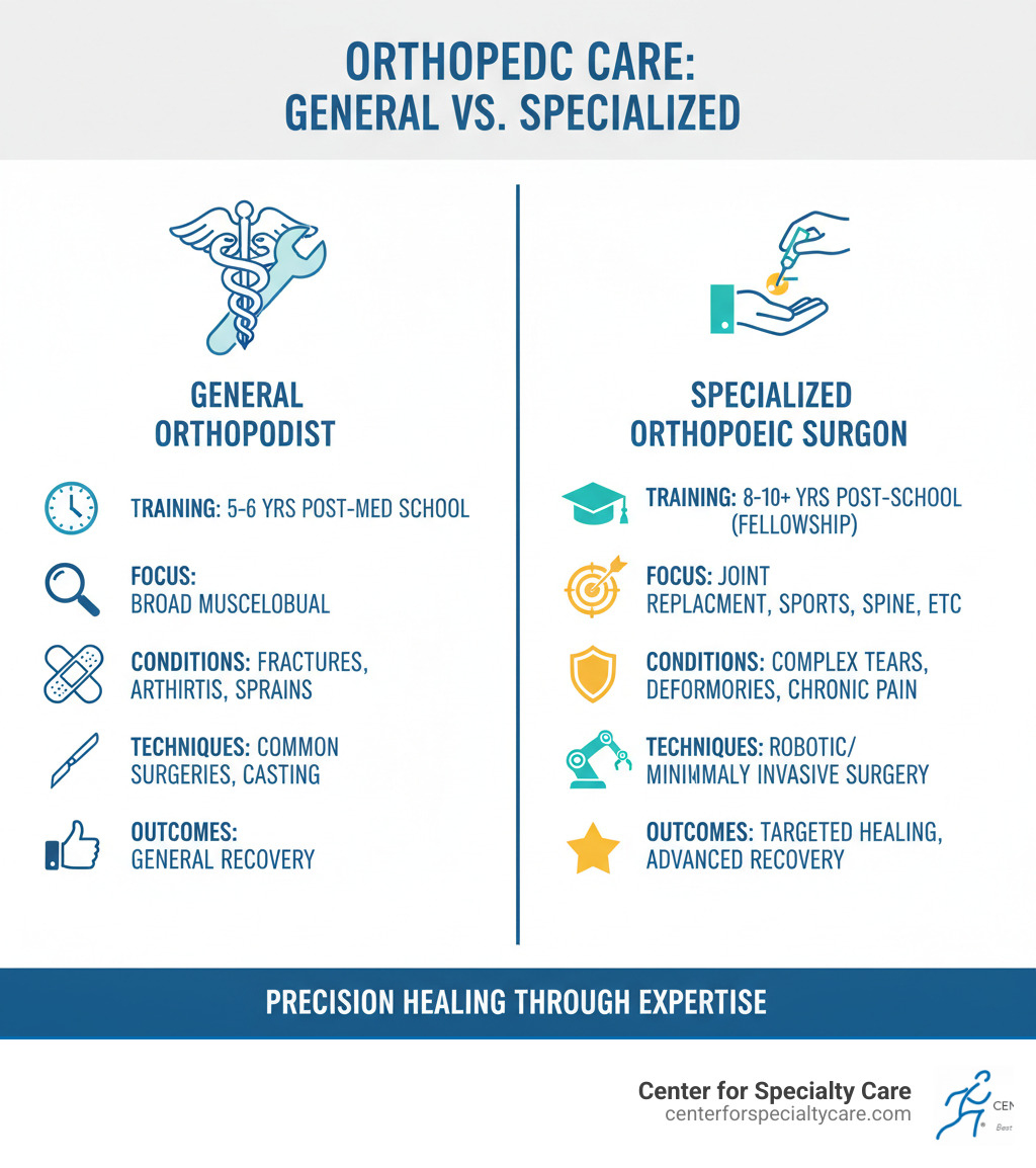 Infographic comparing general orthopedist versus specialized orthopedic surgeon showing differences in training duration, subspecialty focus, types of conditions treated, surgical techniques available, and patient outcomes - specialized orthopedic care infographic 
