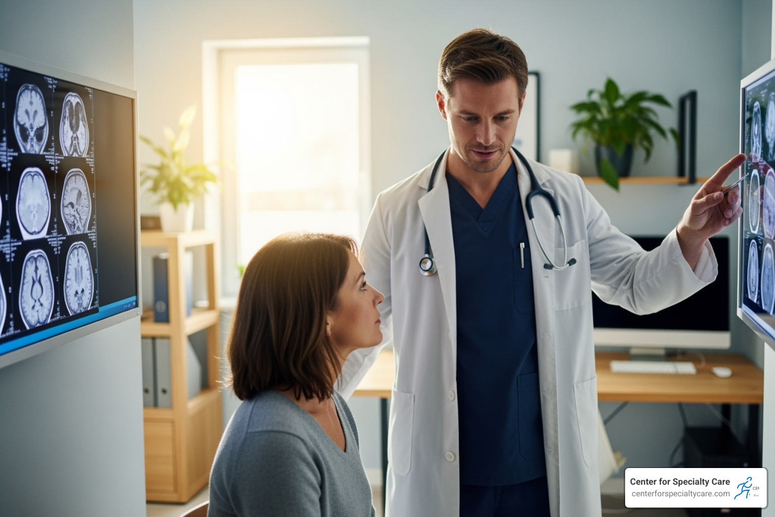 Surgeon consulting with patient reviewing MRI scan - specialized orthopedic care