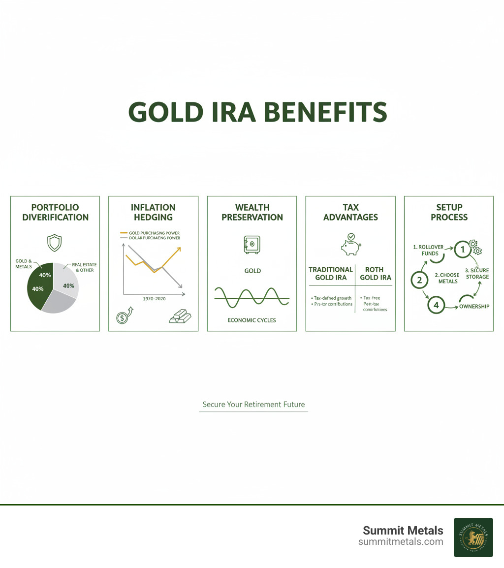 Comprehensive infographic showing the key benefits of Gold IRA services including portfolio diversification with pie chart showing asset allocation, inflation hedging with historical gold vs dollar purchasing power graph, wealth preservation through economic cycles, tax advantages comparison between traditional and Roth Gold IRAs, and step-by-step process of setting up a Gold IRA from rollover to storage - gold ira services infographic Comprehensive infographic showing the key benefits of Gold IRA services including portfolio diversification with pie chart showing asset allocation, inflation hedging with historical gold vs dollar purchasing power graph, wealth preservation through economic cycles, tax advantages comparison between traditional and Roth Gold IRAs, and step-by-step process of setting up a Gold IRA from rollover to storage - gold ira services infographic