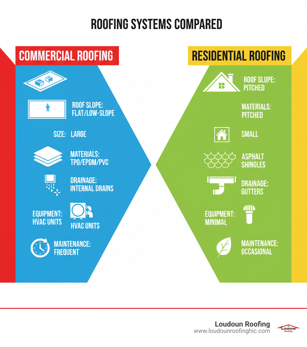 Infographic showing key differences between commercial and residential roofing systems, including roof slope comparison (flat vs pitched), size differences (large vs small), common materials (TPO/EPDM vs asphalt shingles), drainage systems (internal drains vs gutters), equipment penetrations (HVAC units vs minimal), and maintenance requirements (frequent vs occasional) - local commercial roofer infographic 
