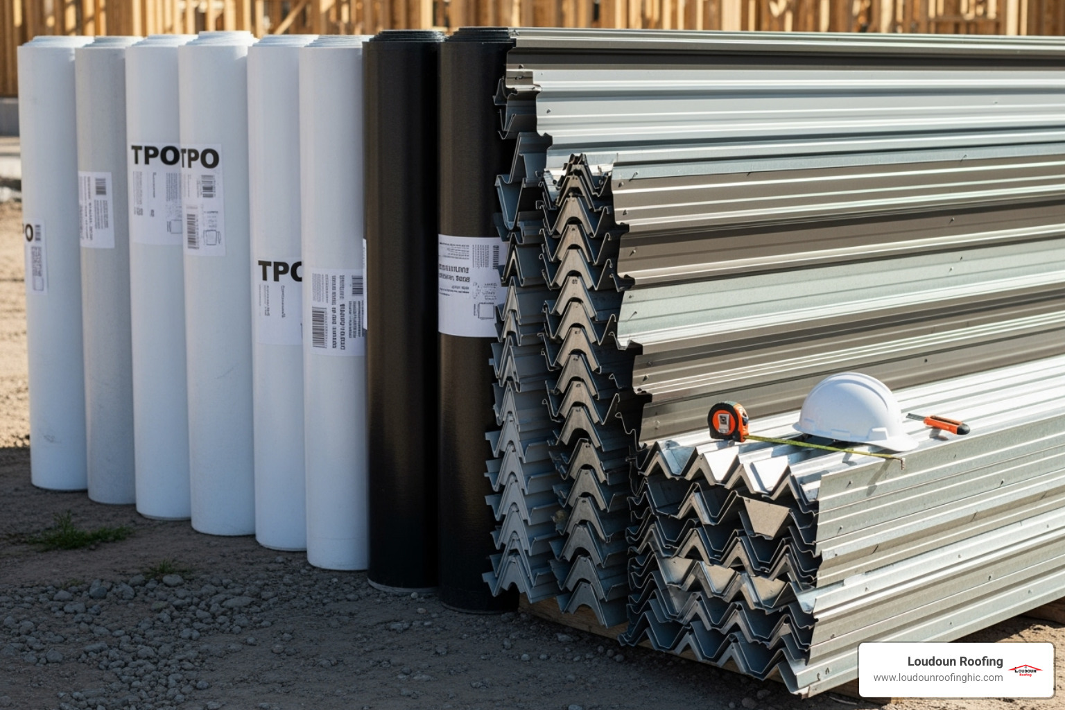 various commercial roofing materials like TPO, EPDM, and Metal panels laid out - local commercial roofer