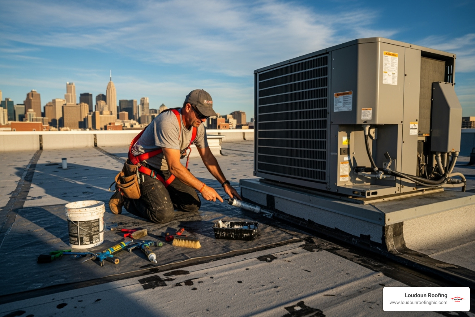 roofer performing routine maintenance on a commercial flat roof - local commercial roofer