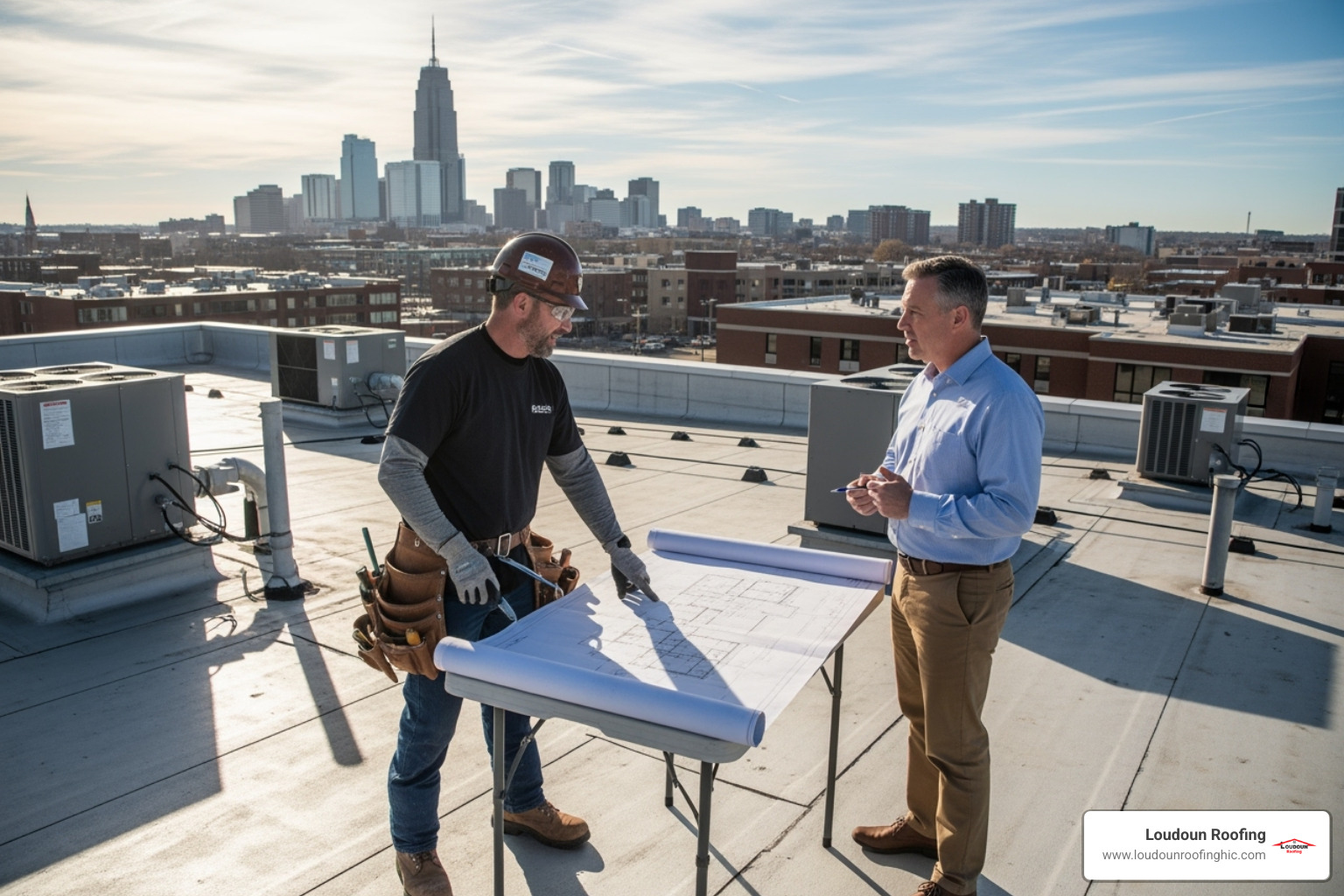 professional roofer in uniform discussing a blueprint with a business owner on-site - local commercial roofer