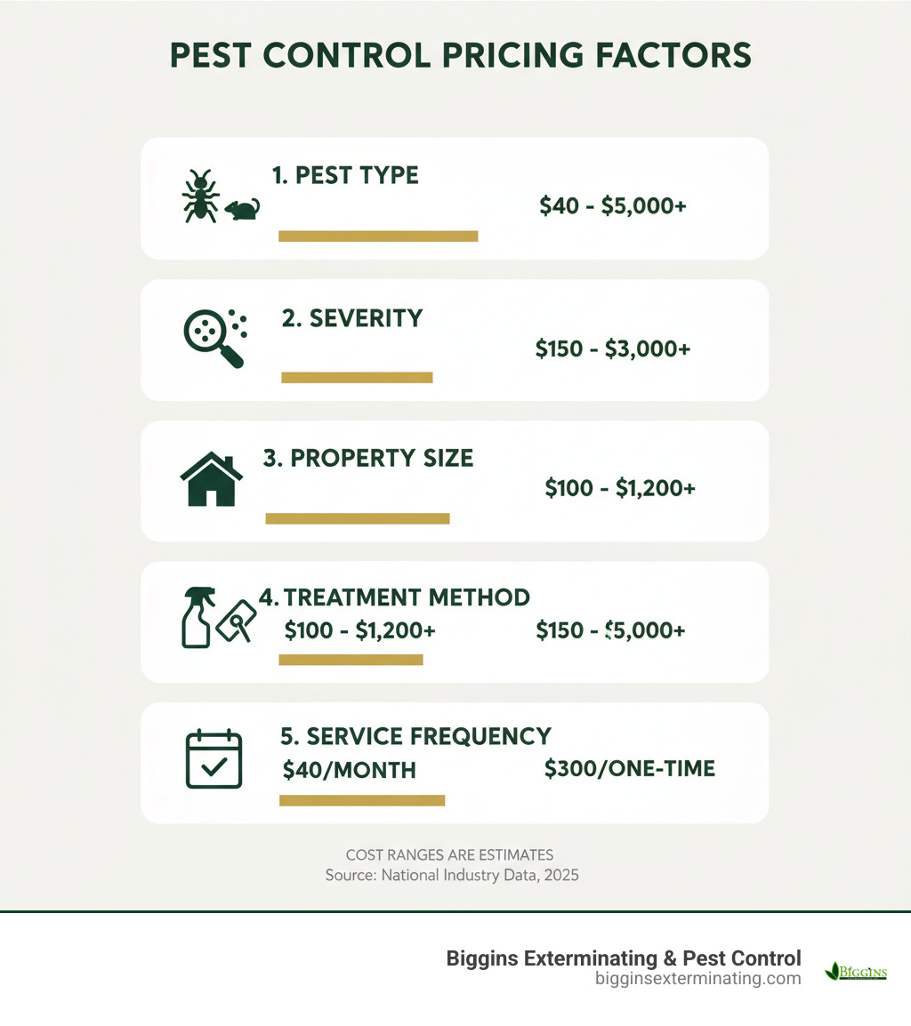 Infographic showing the top 5 factors that influence pest control pricing: pest type, infestation severity, property size, treatment method, and service frequency with cost ranges for each factor - local exterminator cost infographic 