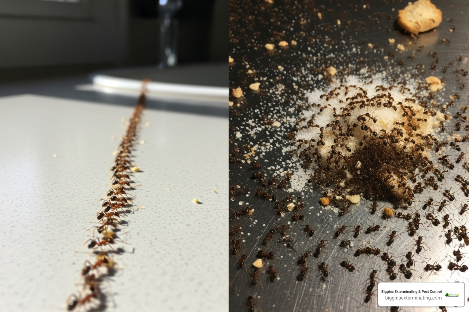 image showing a minor ant trail vs. a severe, widespread infestation - local exterminator cost