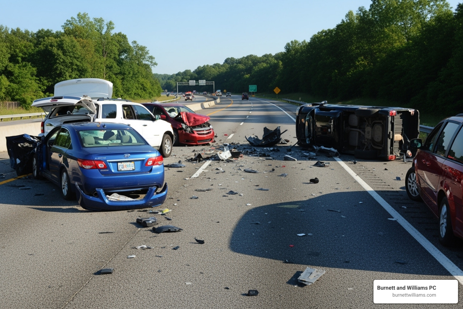 Car accident scene on a Virginia highway like I-95, VA personal injury law