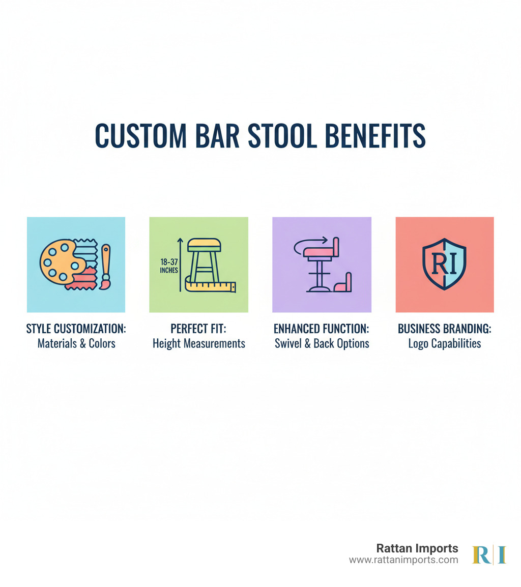 Infographic showing custom bar stool benefits: Style customization with material and color options, Perfect Fit with height measurements from 18-37 inches, Improved Function with swivel and back options, and Business Branding with logo customization capabilities - Custom bar stools infographic 