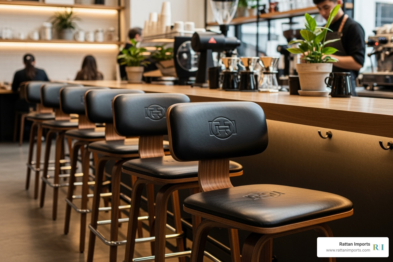 Commercial bar stools with logos in a cafe setting - Custom bar stools