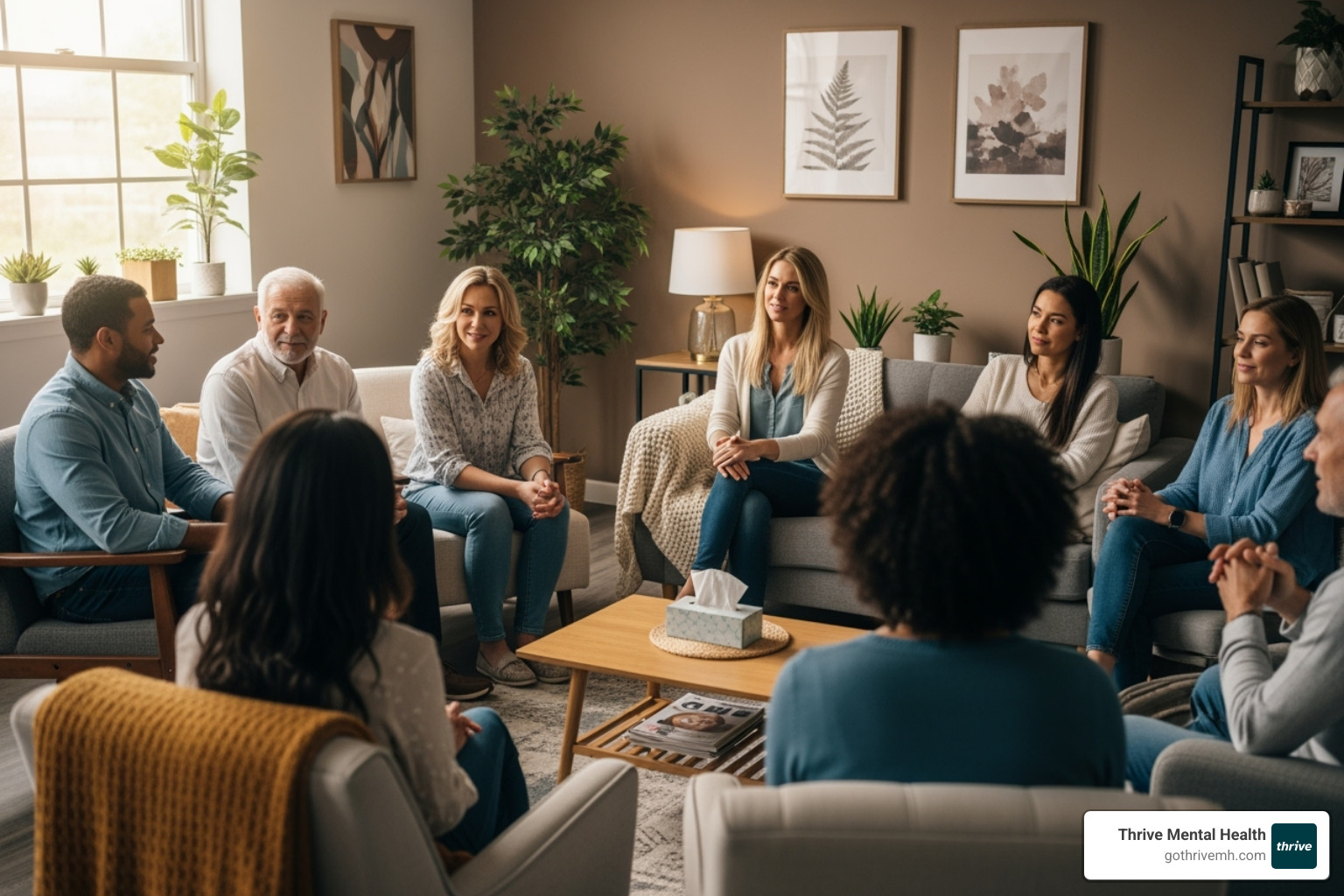 A diverse group of people in a supportive therapy setting, engaged in discussion and active listening - what does dialectical behavior therapy treat