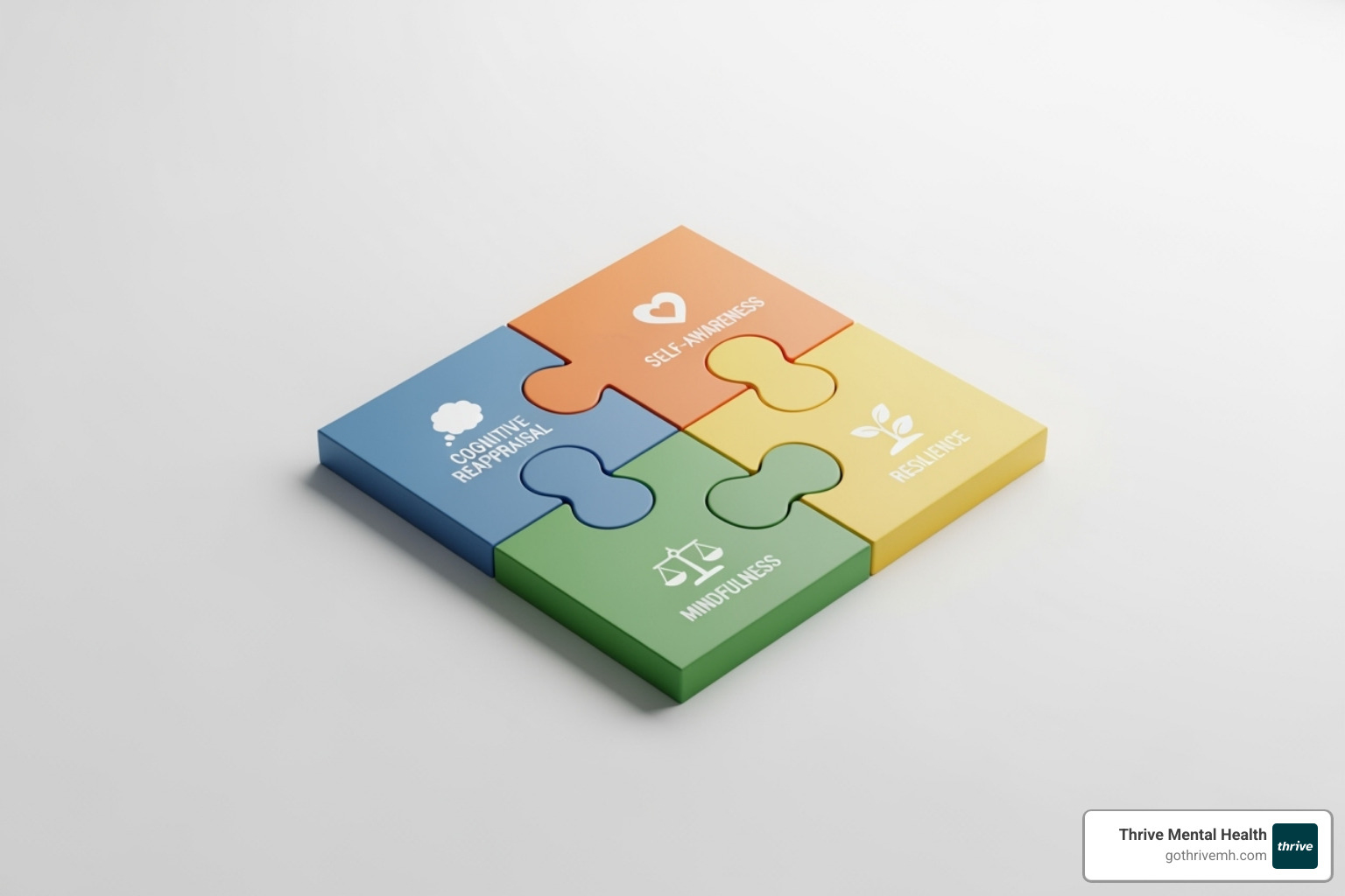 Four interconnected puzzle pieces labeled with the four DBT modules: Mindfulness, Distress Tolerance, Emotion Regulation, and Interpersonal Effectiveness - what does dialectical behavior therapy treat