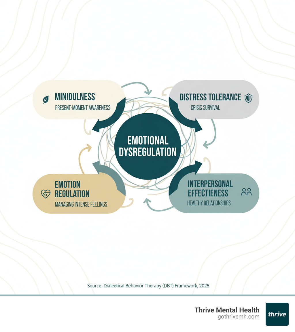 Infographic showing emotional dysregulation at the center with four skill modules radiating outward: Mindfulness for present-moment awareness, Distress Tolerance for crisis survival, Emotion Regulation for managing intense feelings, and Interpersonal Effectiveness for healthy relationships - what does dialectical behavior therapy treat infographic 